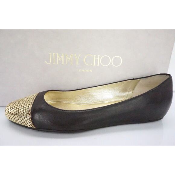 Jimmy Choo Waine Black Leather Gold Stud Cap Toe Ballet Flats Size 35 NIB $565 - Picture 1 of 11